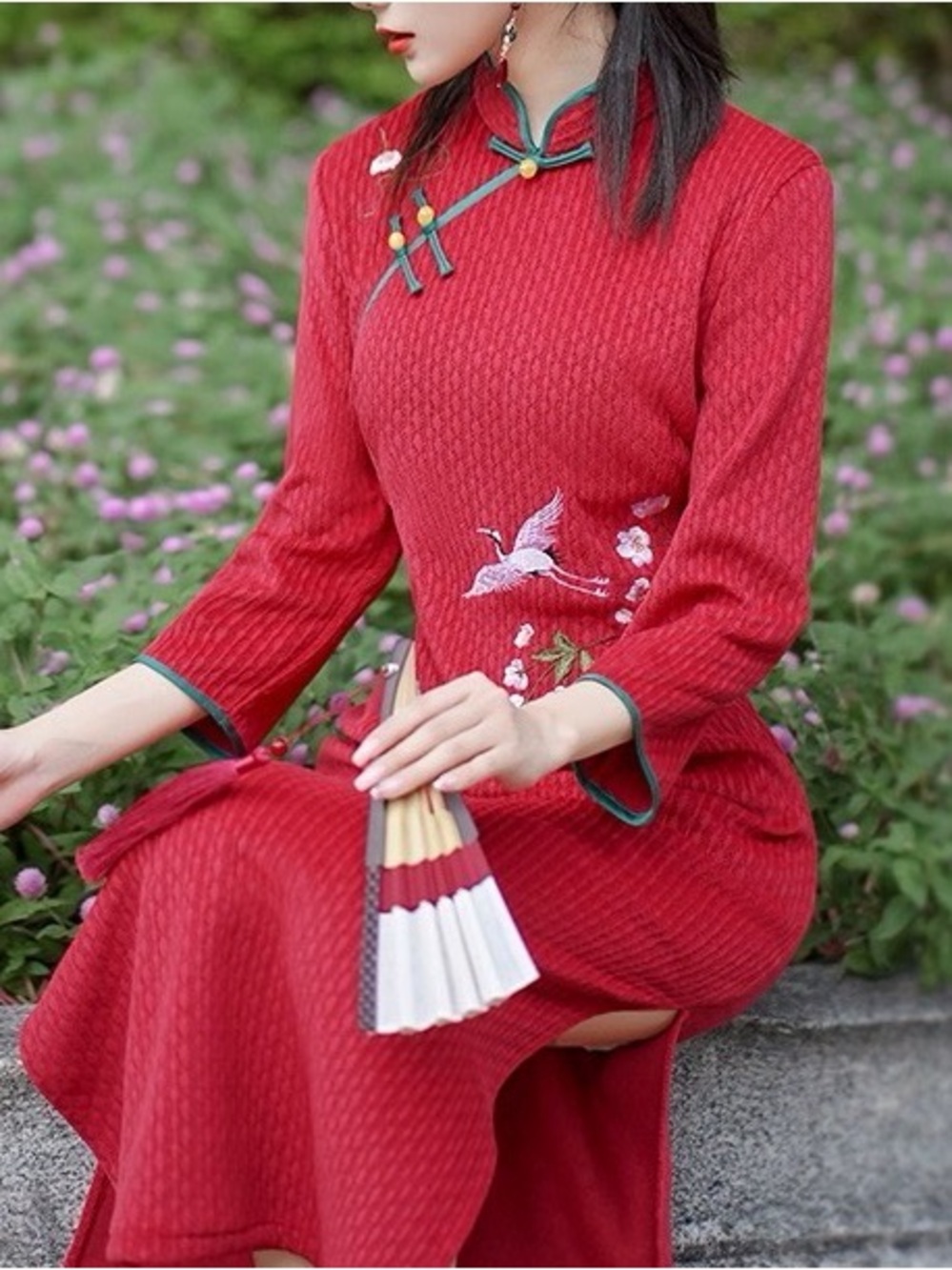Red Embroidered Mandarin Collar Midi Dress